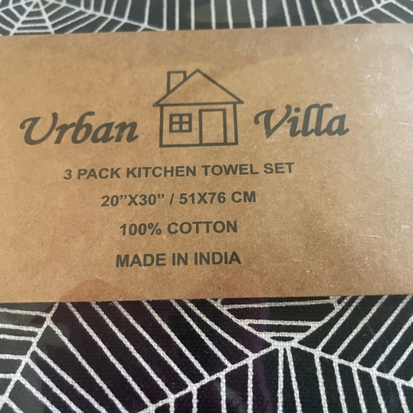 URBAN VILLA HALLOWEEN BLK/WHITE SPIDER WEB DESIGN 3 PACK KITCHEN TOWELS SET NEW - Picture 3 of 10